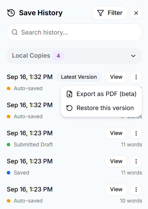 Save History actions menu