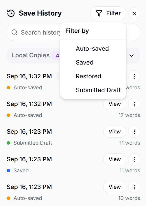 Save History filter menu